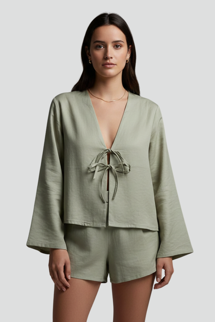 Kiara | Women’s Deep V-Neck Lace-Up Blouse – Long Sleeve Loose Fit Top