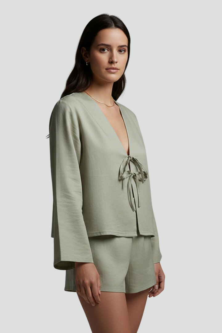 Kiara | Women’s Deep V-Neck Lace-Up Blouse – Long Sleeve Loose Fit Top