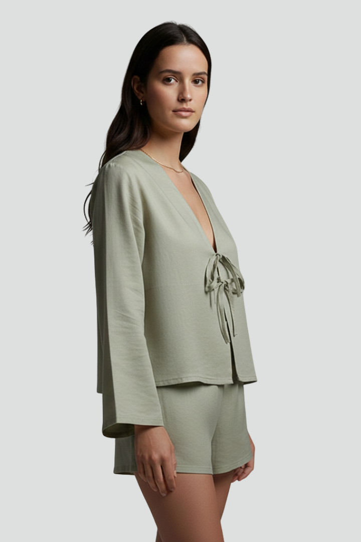 Kiara | Women’s Deep V-Neck Lace-Up Blouse – Long Sleeve Loose Fit Top