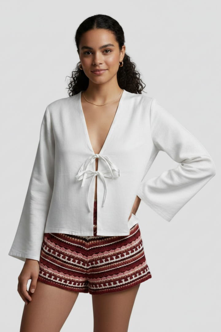 Kiara | Women’s Deep V-Neck Lace-Up Blouse – Long Sleeve Loose Fit Top
