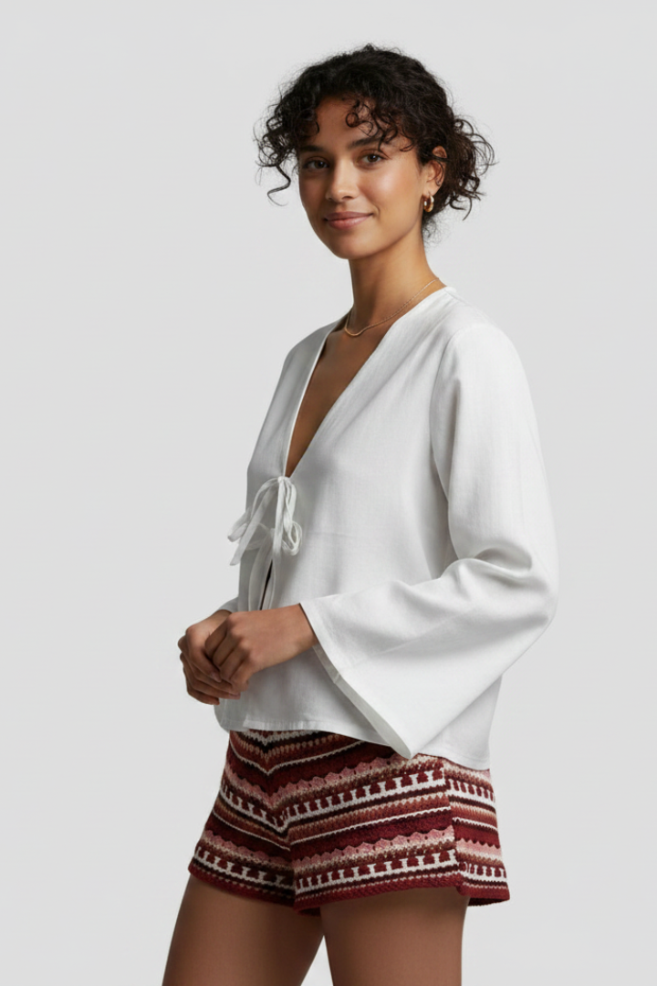 Kiara | Women’s Deep V-Neck Lace-Up Blouse – Long Sleeve Loose Fit Top