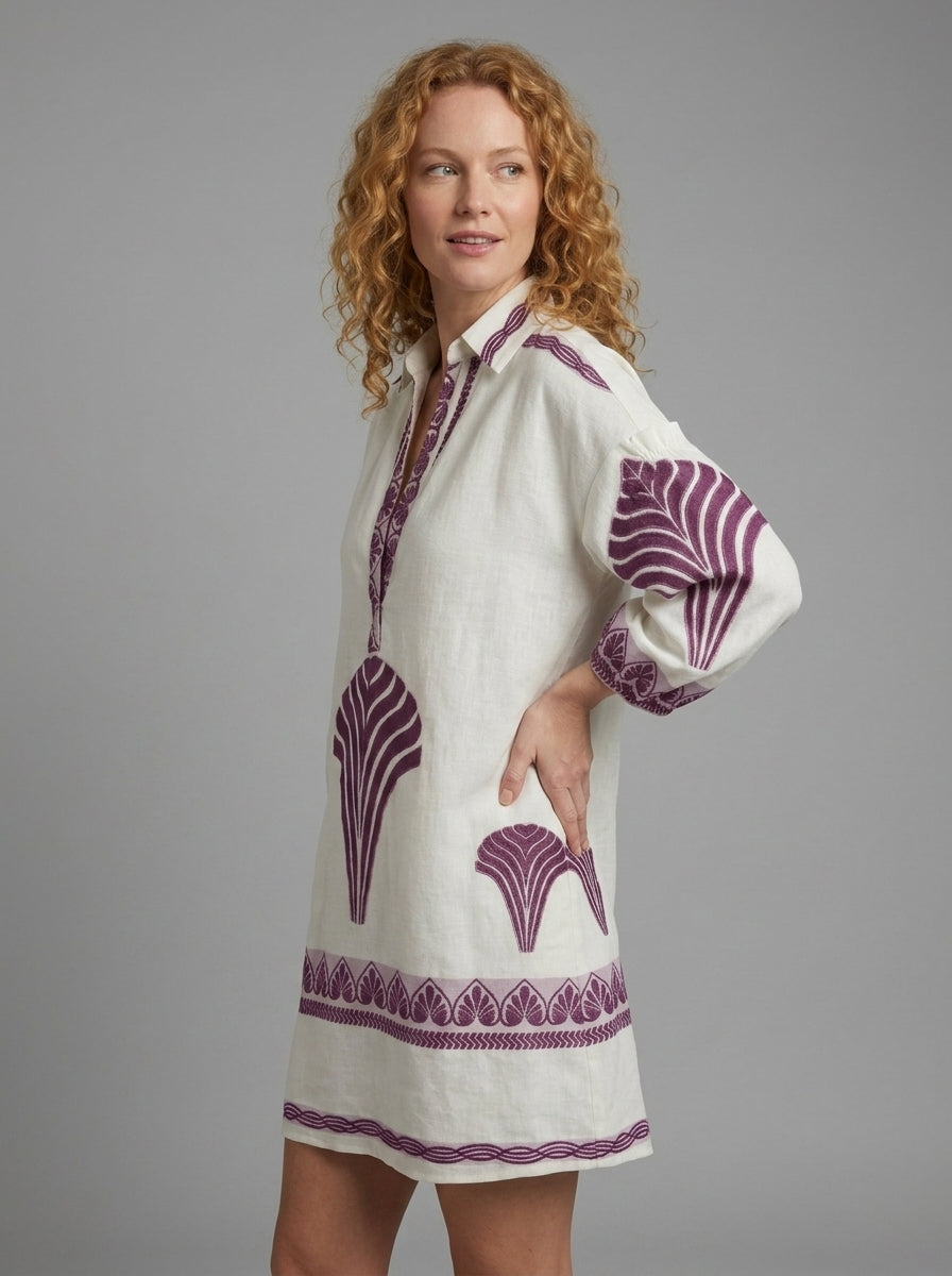 Kinley | Women's V-Neck Mini Dress – Long Sleeve Leaf Print Casual Short Dress