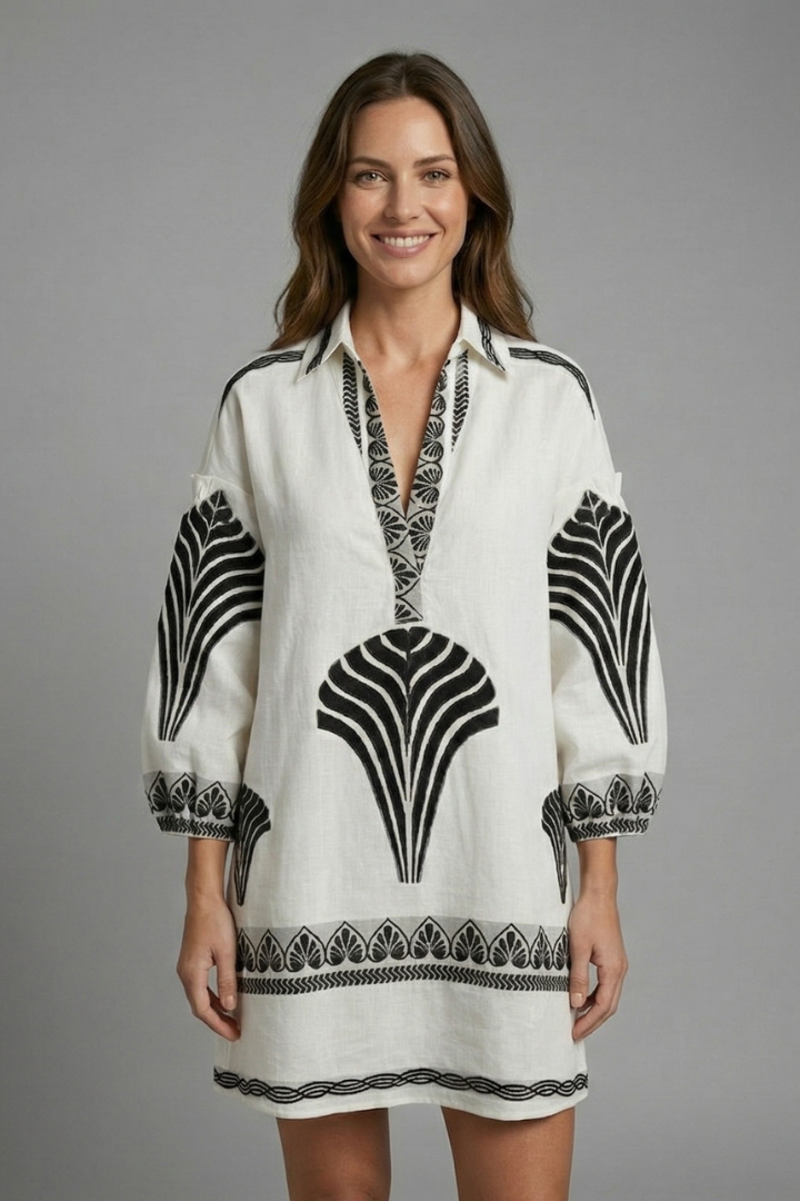Kinley | Women's V-Neck Mini Dress – Long Sleeve Leaf Print Casual Short Dress