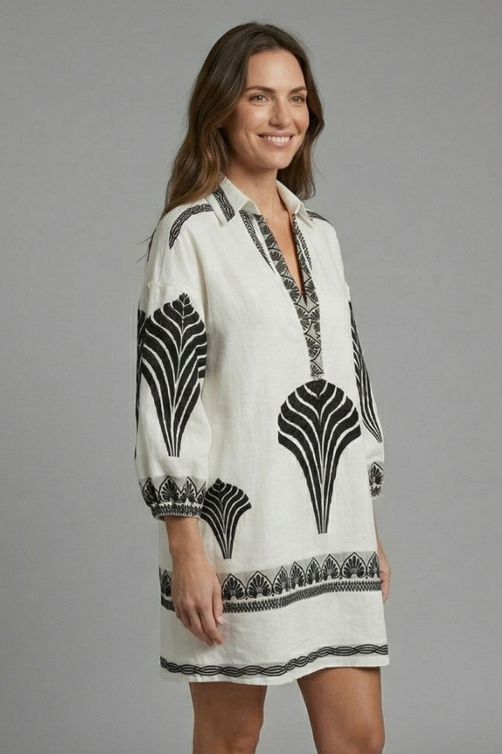Kinley | Women's V-Neck Mini Dress – Long Sleeve Leaf Print Casual Short Dress