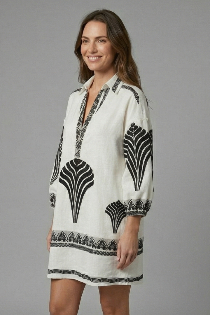 Kinley | Women's V-Neck Mini Dress – Long Sleeve Leaf Print Casual Short Dress