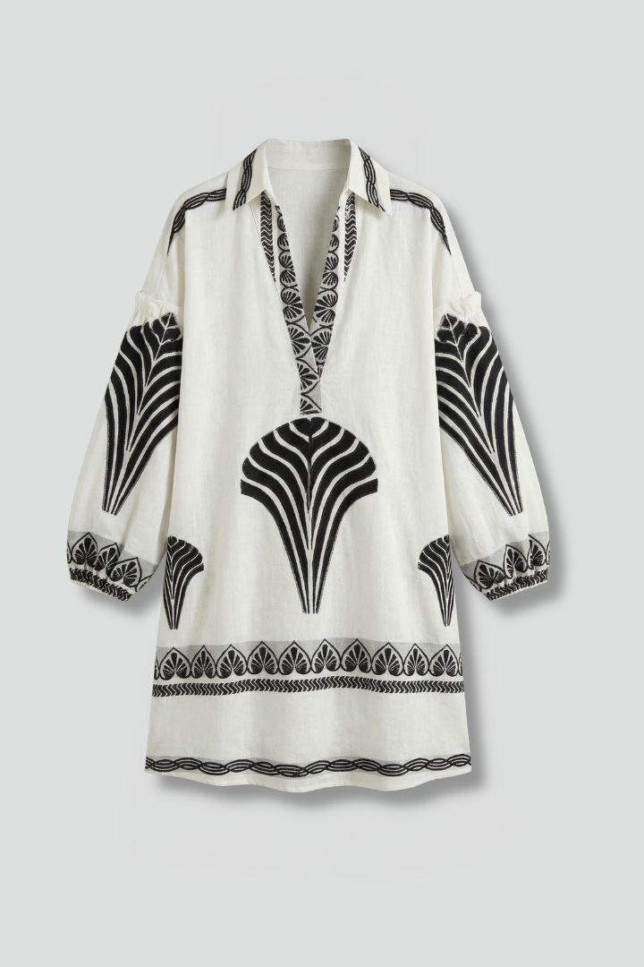 Kinley | Women's V-Neck Mini Dress – Long Sleeve Leaf Print Casual Short Dress