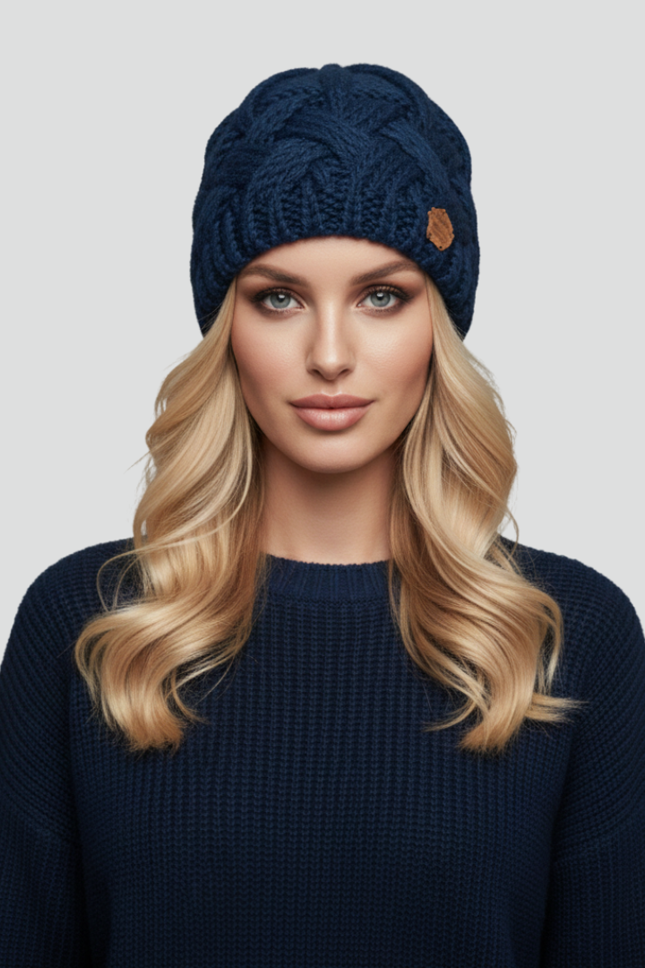 Women Knit Hat with Ribbed Edge and Textured Woven Surface