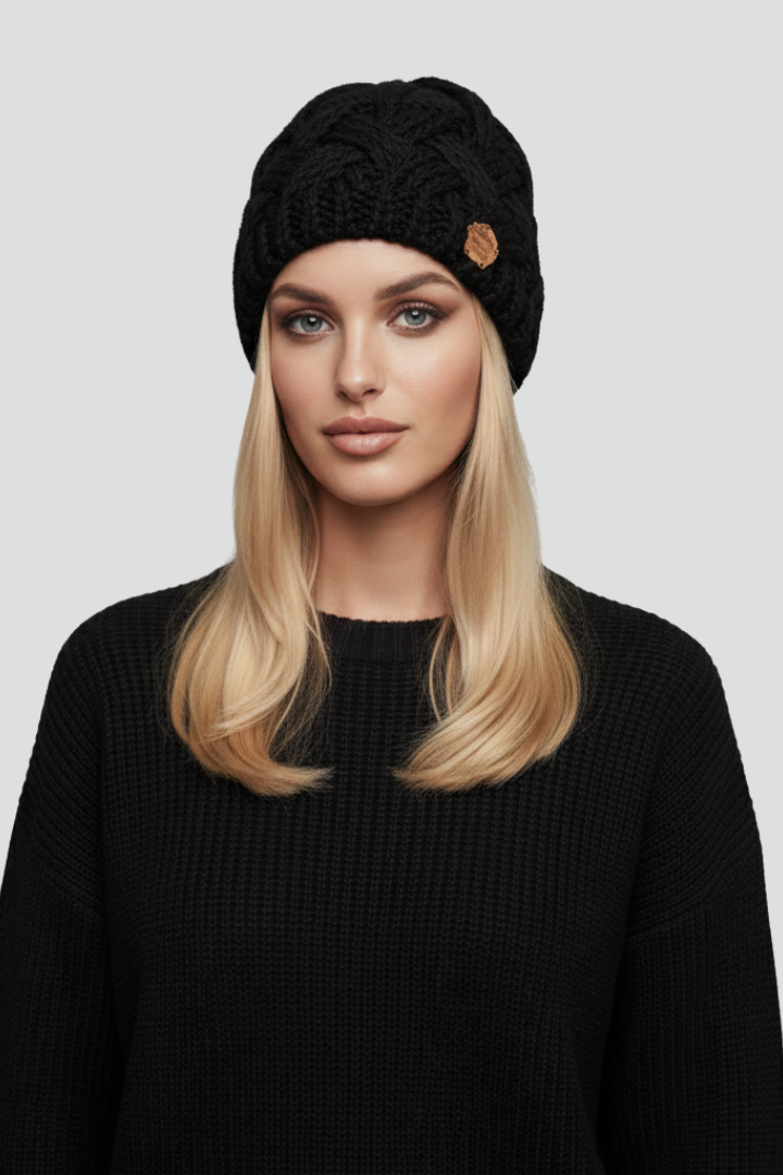 Women Knit Hat with Ribbed Edge and Textured Woven Surface