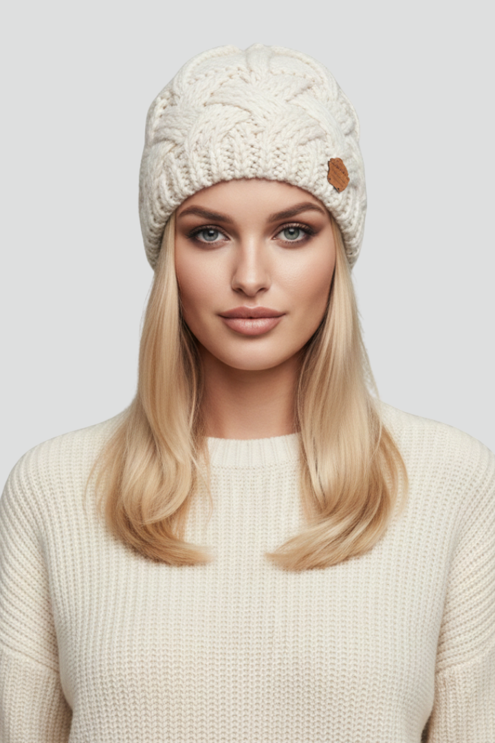 Women Knit Hat with Ribbed Edge and Textured Woven Surface