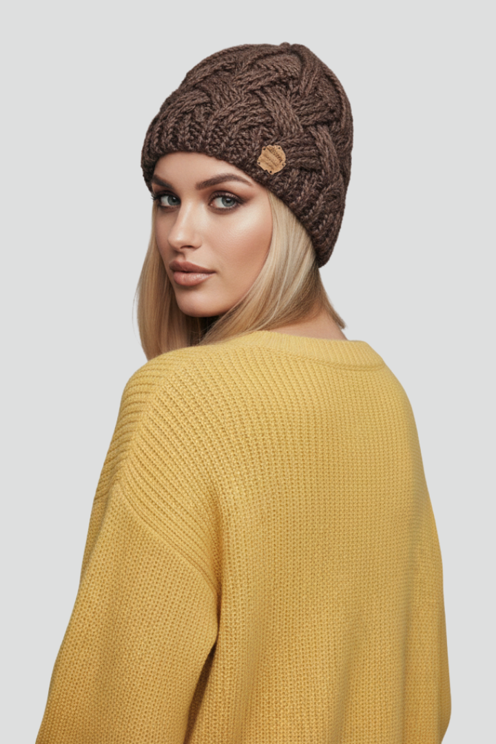 Women Knit Hat with Ribbed Edge and Textured Woven Surface