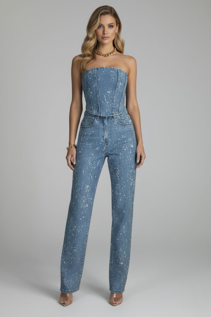 Kylia | Women’s Two Piece Trouser Set – Strapless Top Straight Leg Pants Matching Co-Ord Set