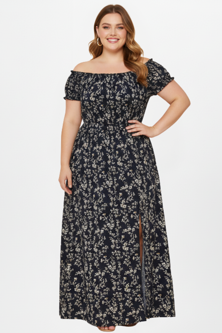 Kyra | Plus Size Women’s Off Shoulder Maxi Dress - Side Slit, Short Sleeve, Elastic Bodice