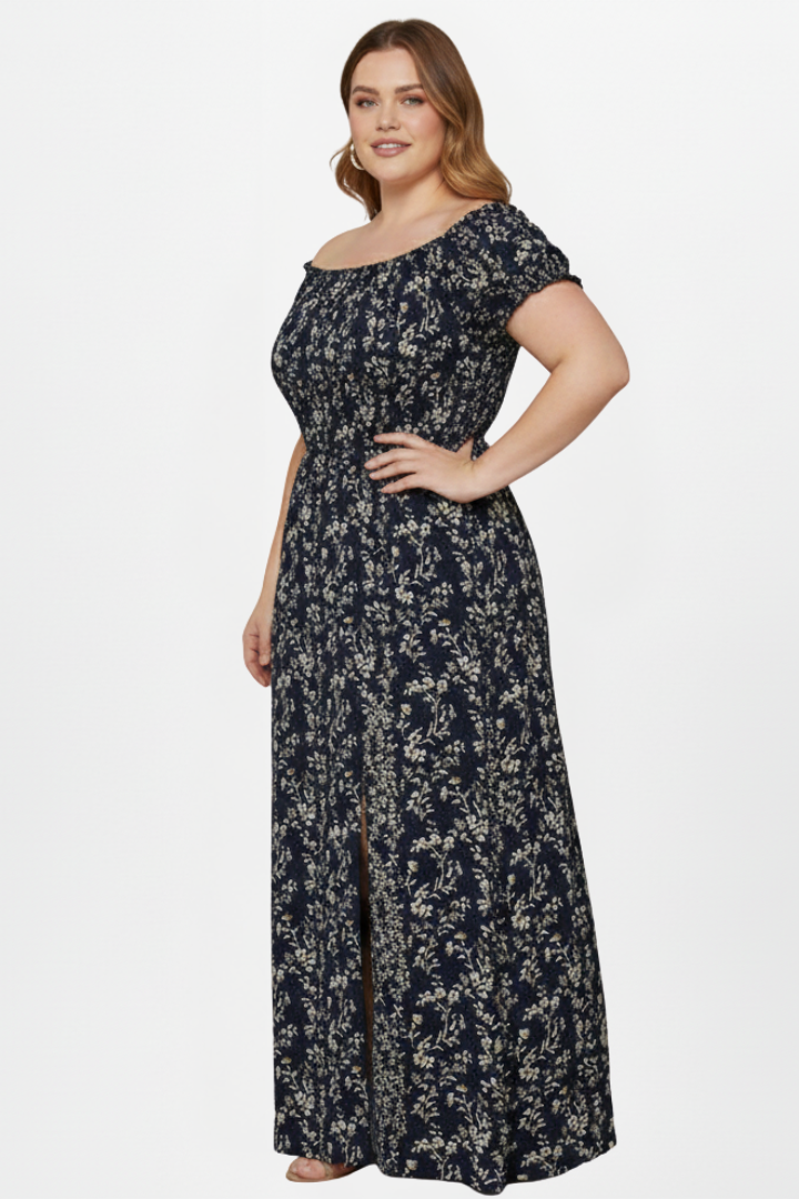 Kyra | Plus Size Women’s Off Shoulder Maxi Dress - Side Slit, Short Sleeve, Elastic Bodice