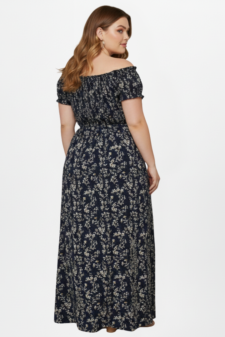 Kyra | Plus Size Women’s Off Shoulder Maxi Dress - Side Slit, Short Sleeve, Elastic Bodice