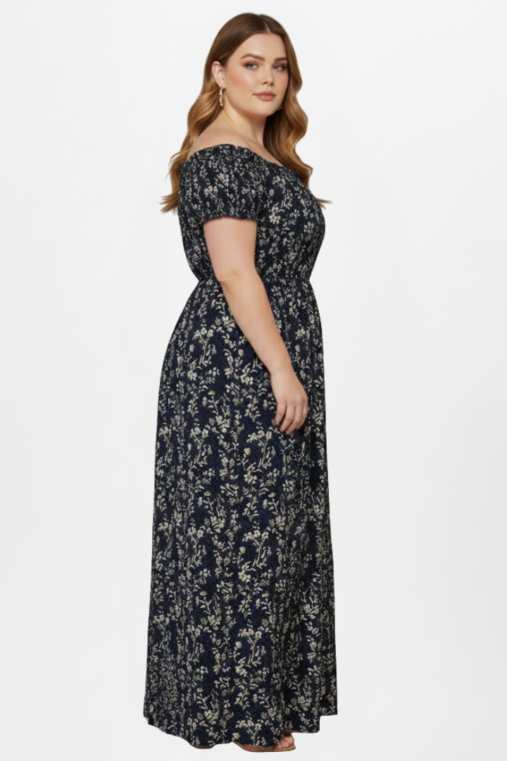 Kyra | Plus Size Women’s Off Shoulder Maxi Dress - Side Slit, Short Sleeve, Elastic Bodice