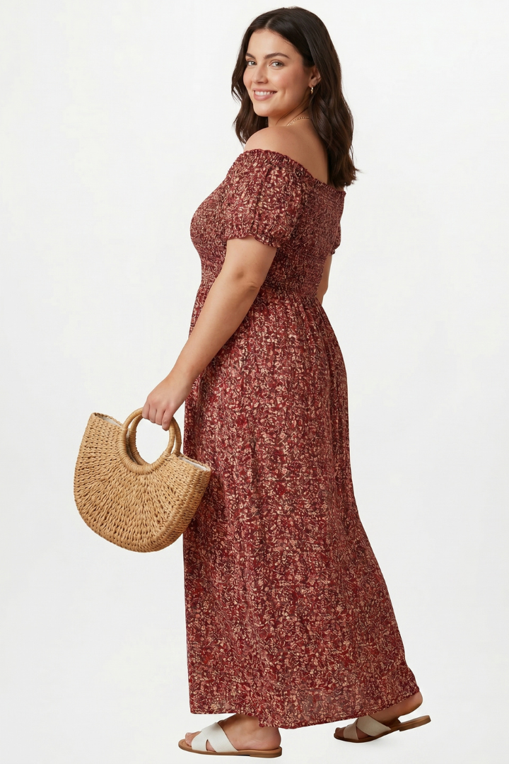 Kyra | Plus Size Women’s Off Shoulder Maxi Dress - Side Slit, Short Sleeve, Elastic Bodice