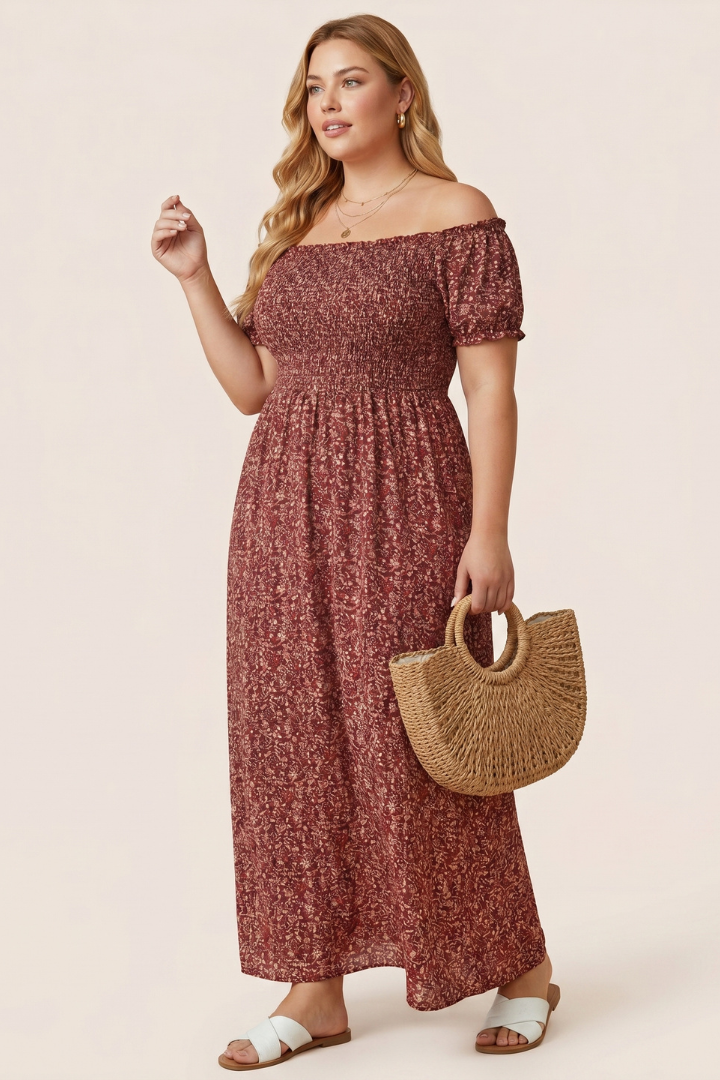 Kyra | Plus Size Women’s Off Shoulder Maxi Dress - Side Slit, Short Sleeve, Elastic Bodice