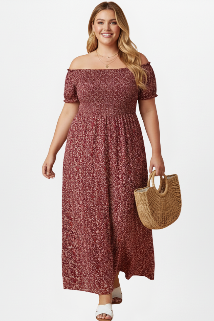 Kyra | Plus Size Women’s Off Shoulder Maxi Dress - Side Slit, Short Sleeve, Elastic Bodice