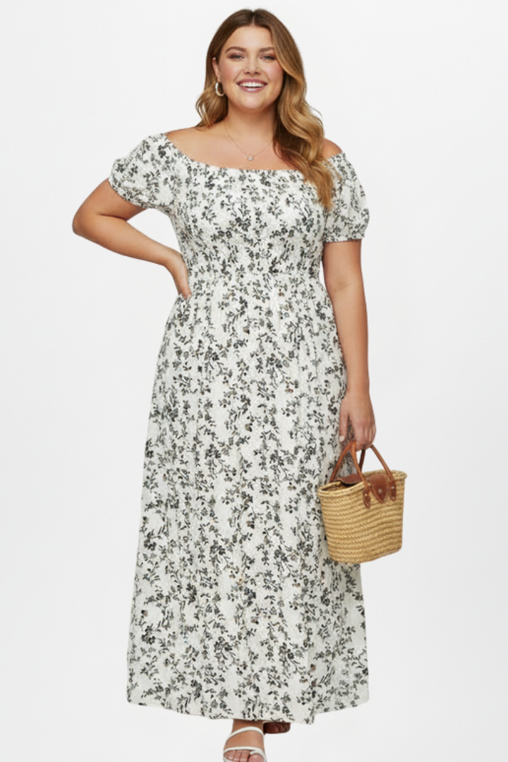 Kyra | Plus Size Women’s Off Shoulder Maxi Dress - Side Slit, Short Sleeve, Elastic Bodice