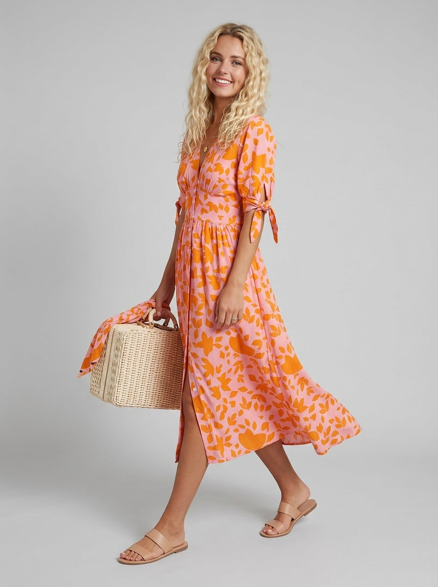 Lainey | Women’s Midi Dress with V-Neck – Orange Print, Loose Fit, Elegant Printed Dress