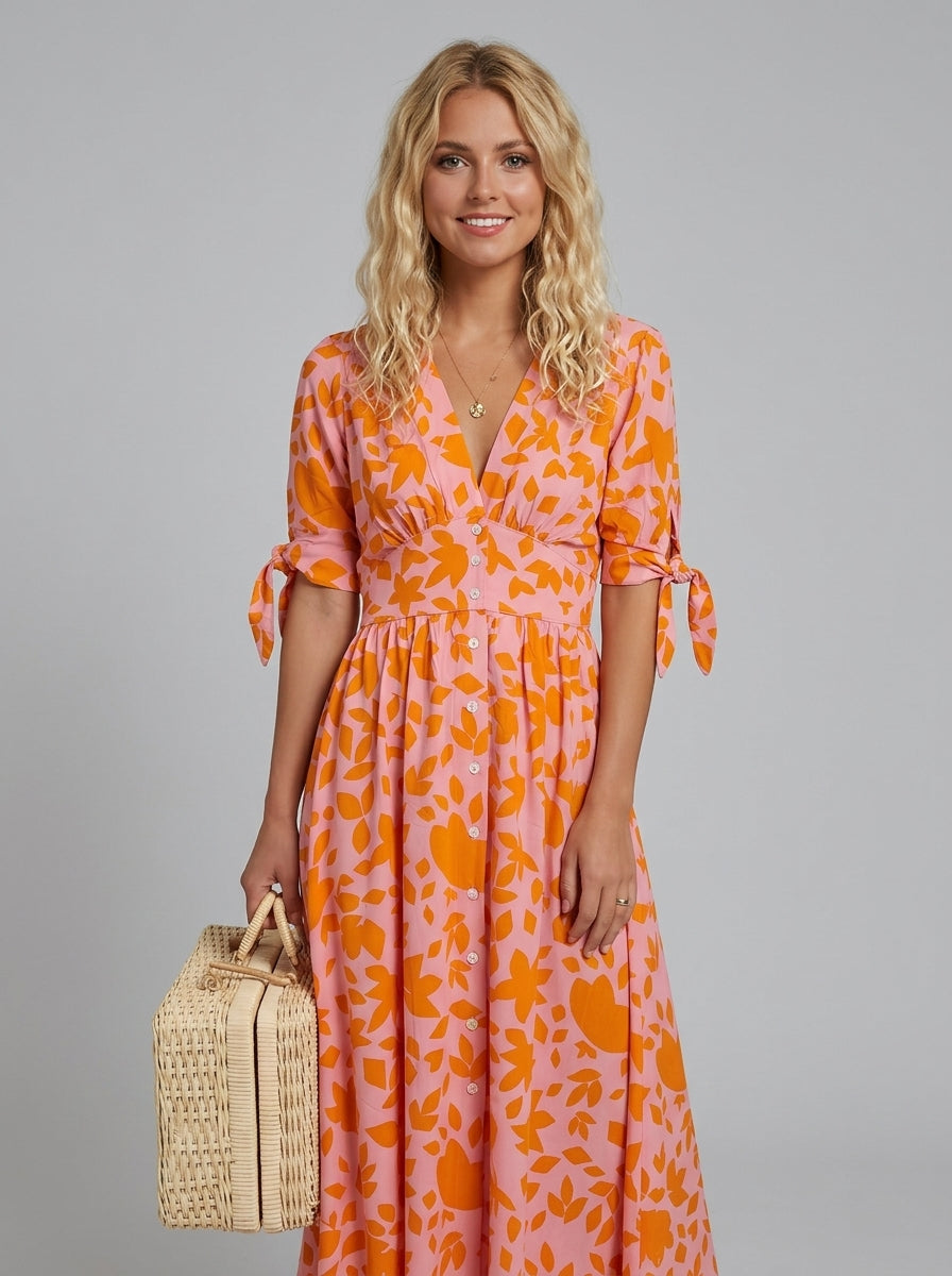 Lainey | Women’s Midi Dress with V-Neck – Orange Print, Loose Fit, Elegant Printed Dress