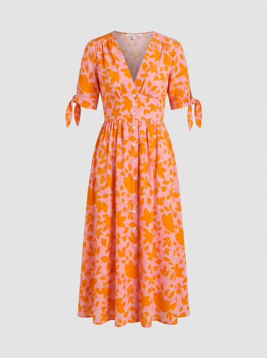 Lainey | Women’s Midi Dress with V-Neck – Orange Print, Loose Fit, Elegant Printed Dress