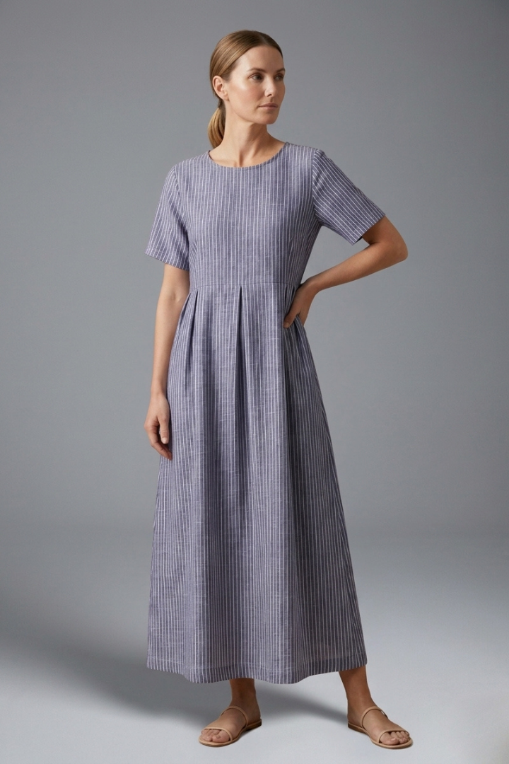 Landry | Women's Round Neck Maxi Dress – Pleated Waist Casual Long Dress with Pockets