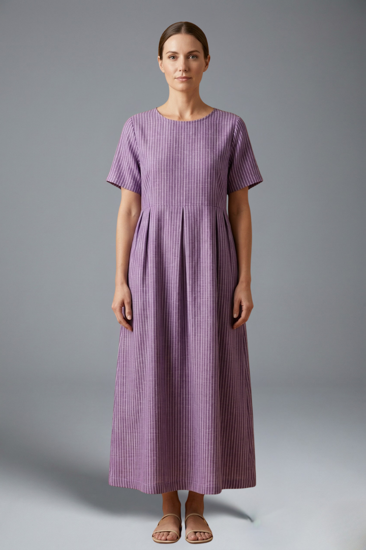 Landry | Women's Round Neck Maxi Dress – Pleated Waist Casual Long Dress with Pockets