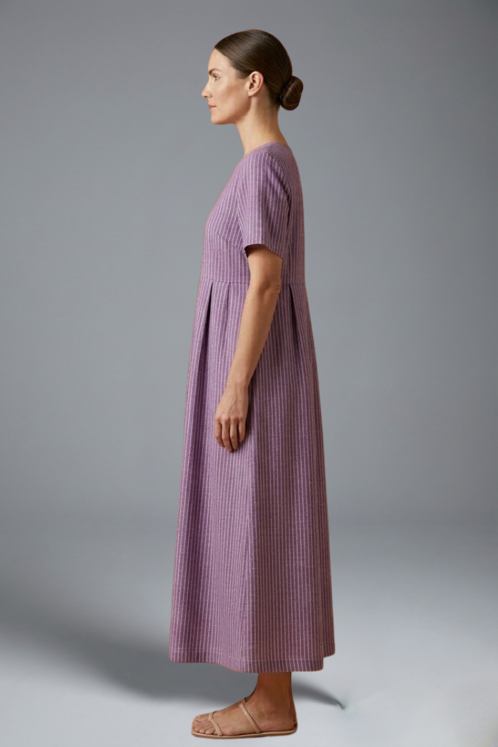 Landry | Women's Round Neck Maxi Dress – Pleated Waist Casual Long Dress with Pockets
