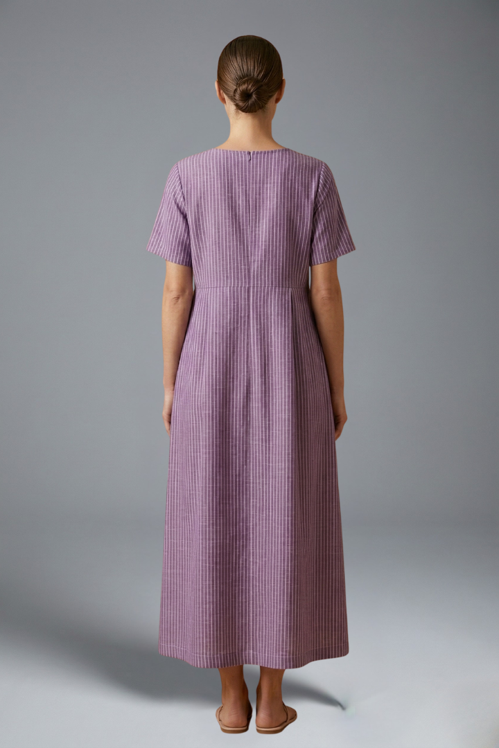 Landry | Women's Round Neck Maxi Dress – Pleated Waist Casual Long Dress with Pockets