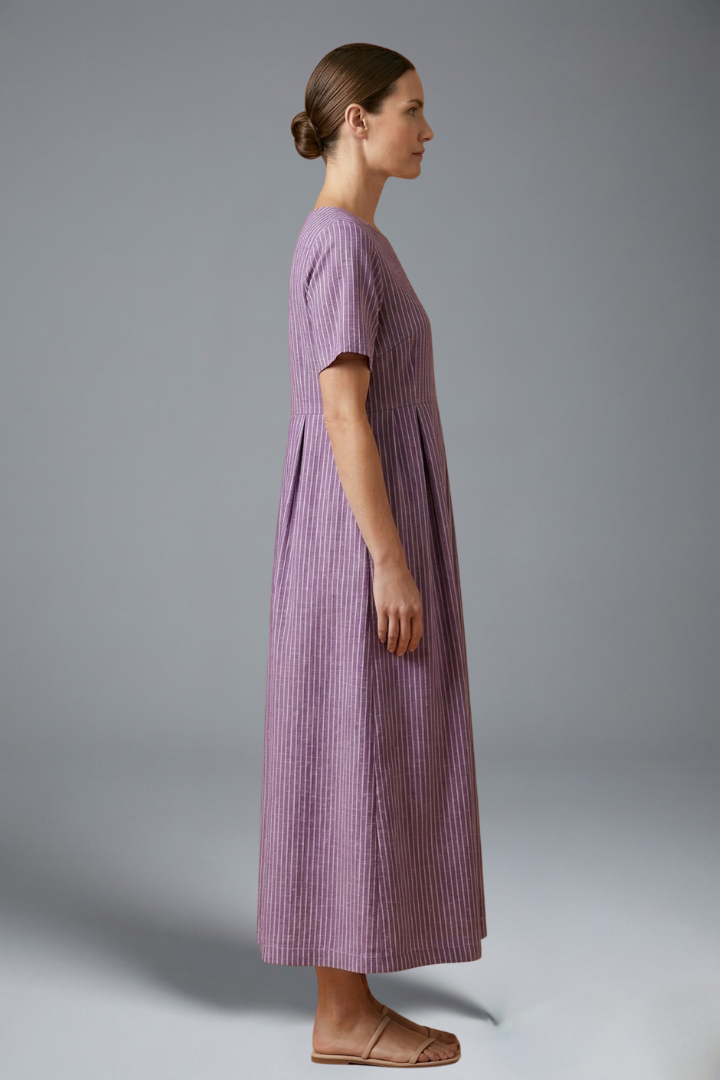 Landry | Women's Round Neck Maxi Dress – Pleated Waist Casual Long Dress with Pockets
