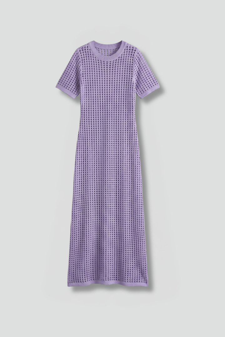 Laurel | Women's Textured Long Dress – Round Neck Short Sleeve Maxi Dress