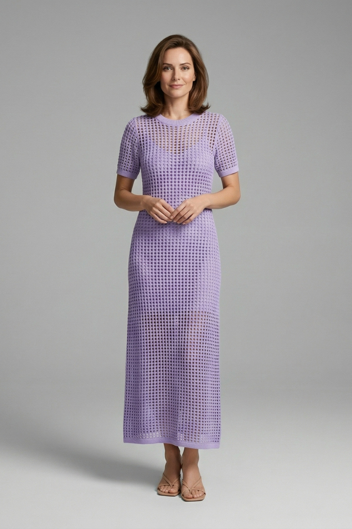 Laurel | Women's Textured Long Dress – Round Neck Short Sleeve Maxi Dress