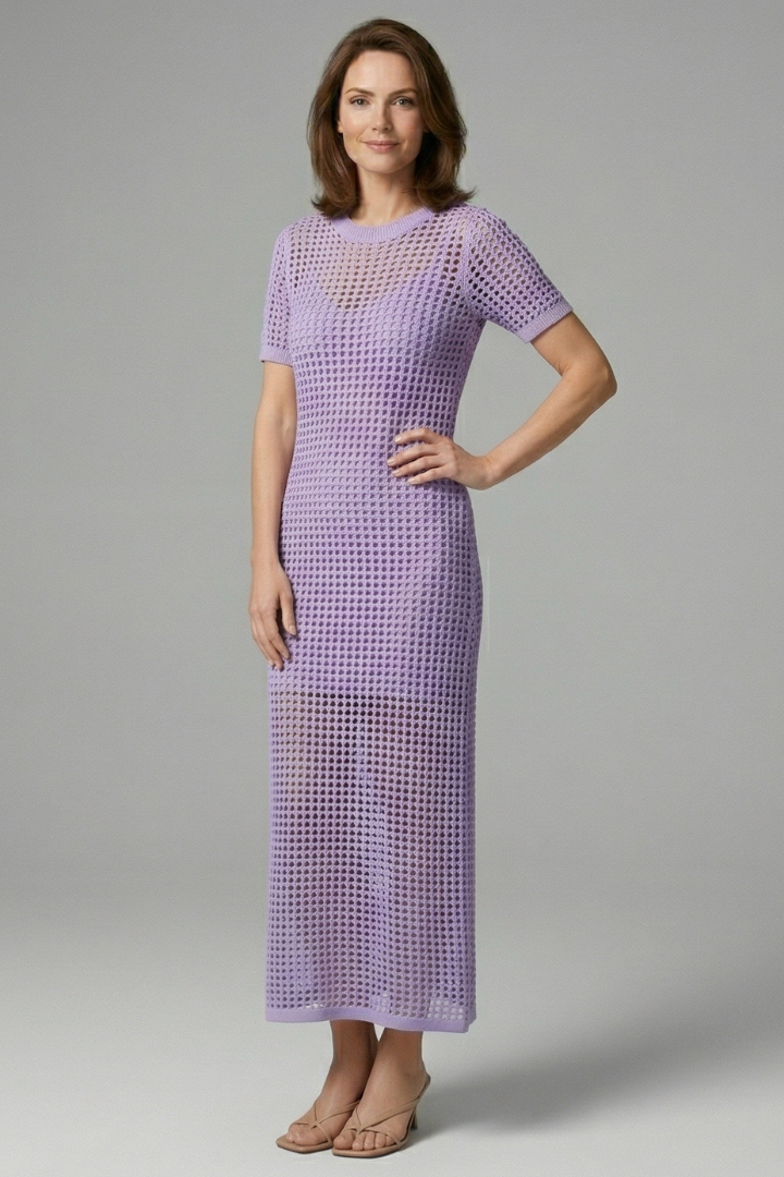 Laurel | Women's Textured Long Dress – Round Neck Short Sleeve Maxi Dress