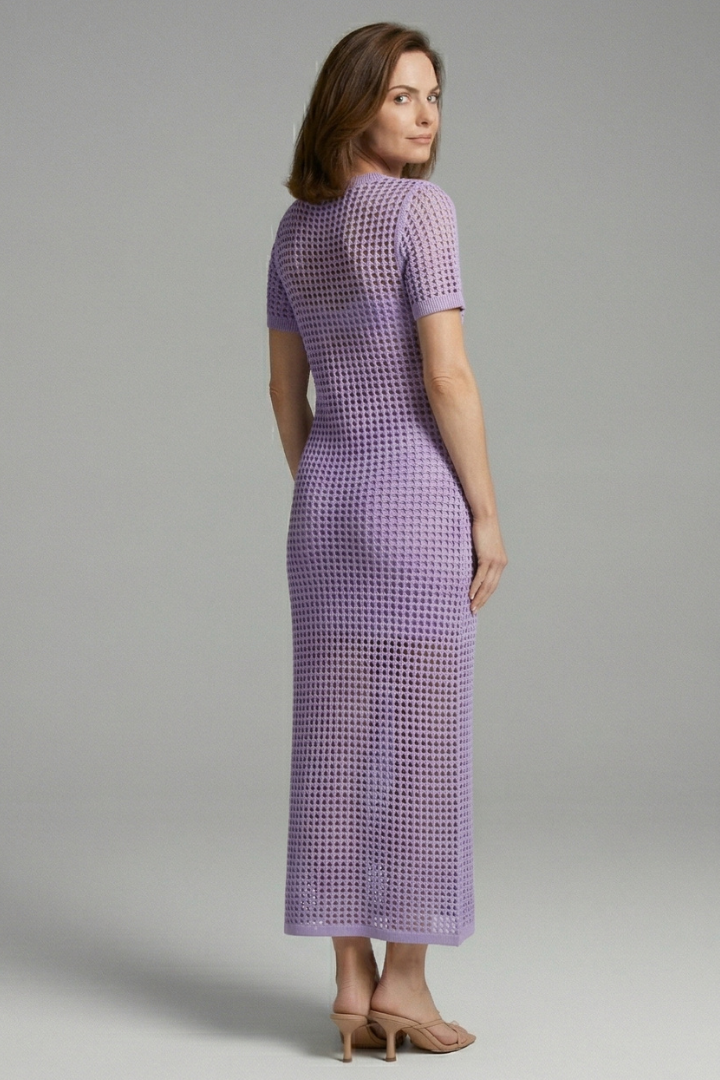 Laurel | Women's Textured Long Dress – Round Neck Short Sleeve Maxi Dress