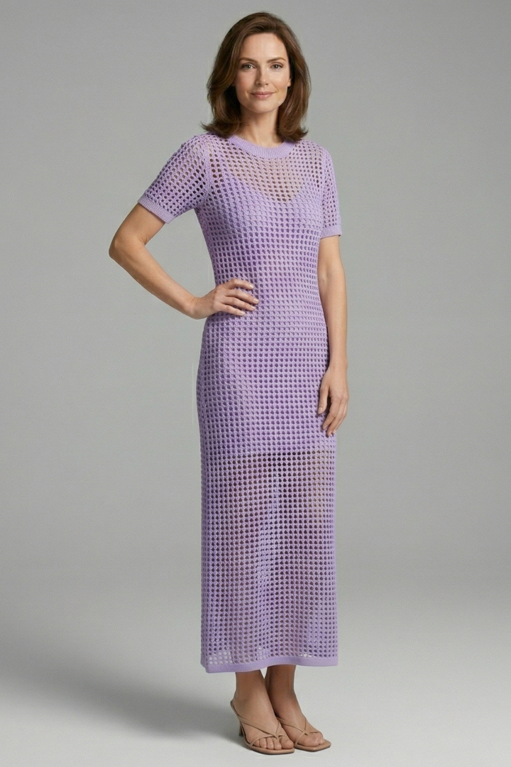 Laurel | Women's Textured Long Dress – Round Neck Short Sleeve Maxi Dress