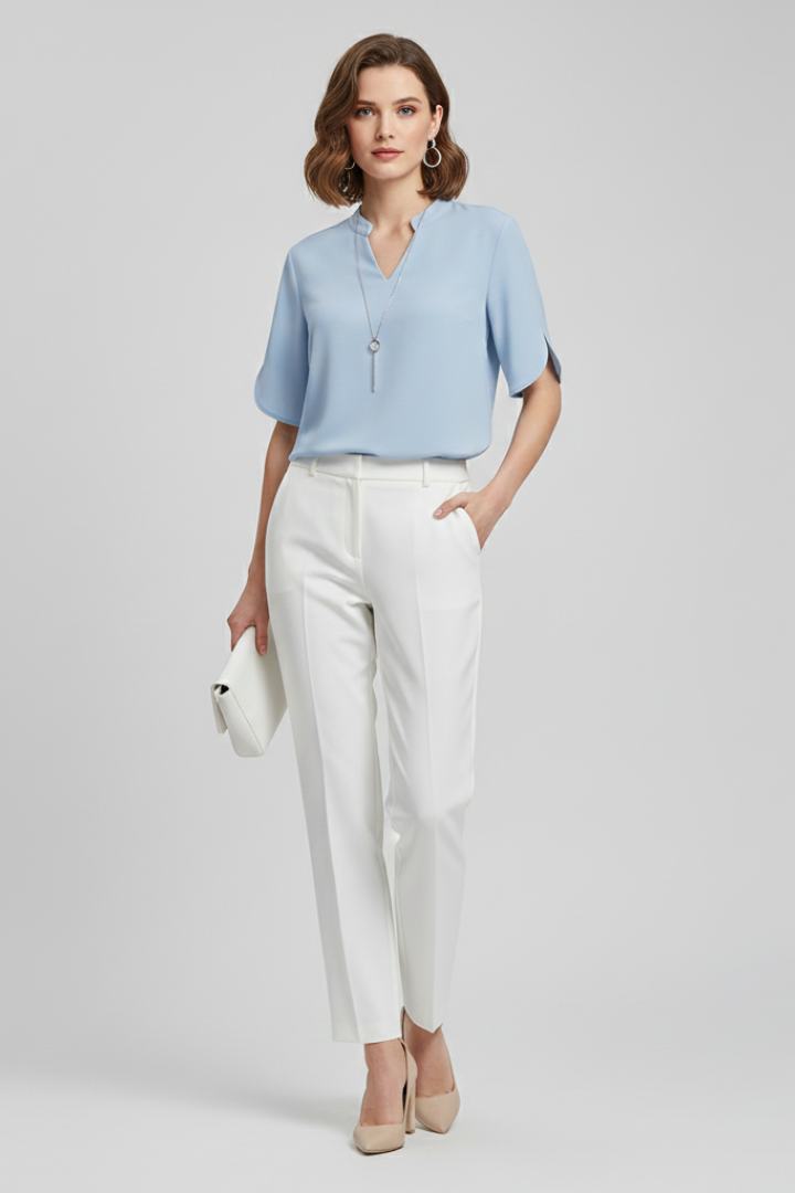 Leni | Women’s Woven Blouse – V-Neck Short Sleeve Relaxed Fit Everyday Top