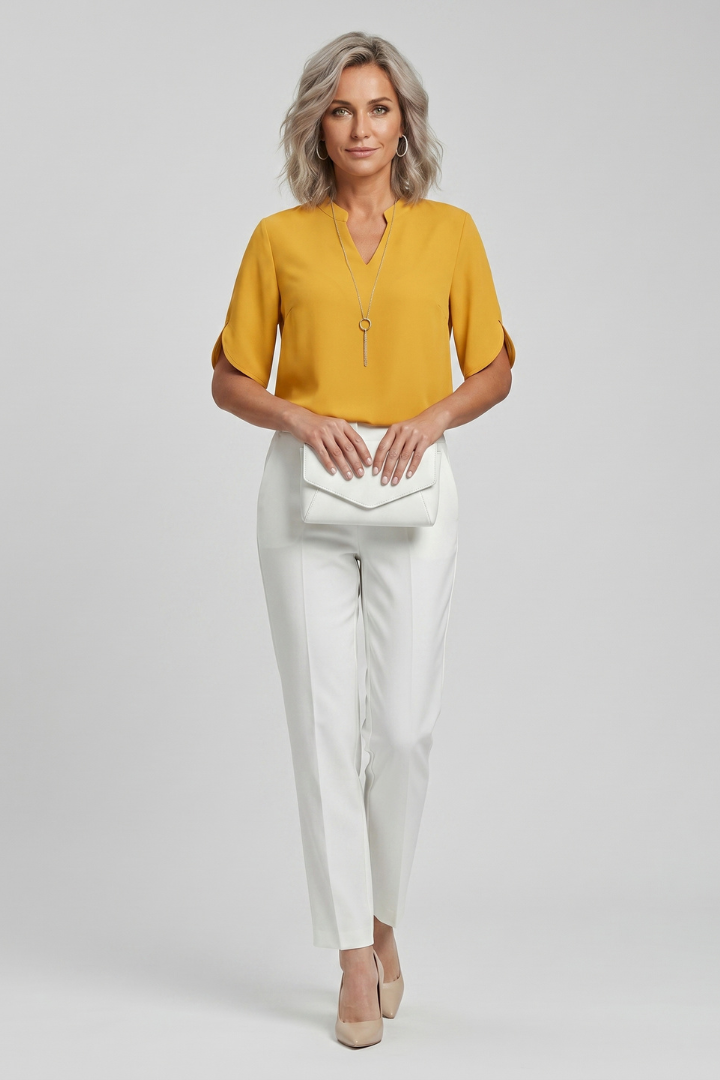 Leni | Women’s Woven Blouse – V-Neck Short Sleeve Relaxed Fit Everyday Top