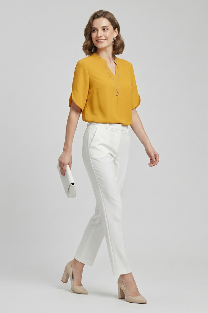 Leni | Women’s Woven Blouse – V-Neck Short Sleeve Relaxed Fit Everyday Top