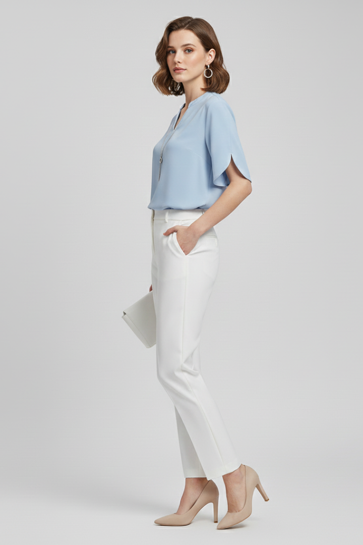 Leni | Women’s Woven Blouse – V-Neck Short Sleeve Relaxed Fit Everyday Top