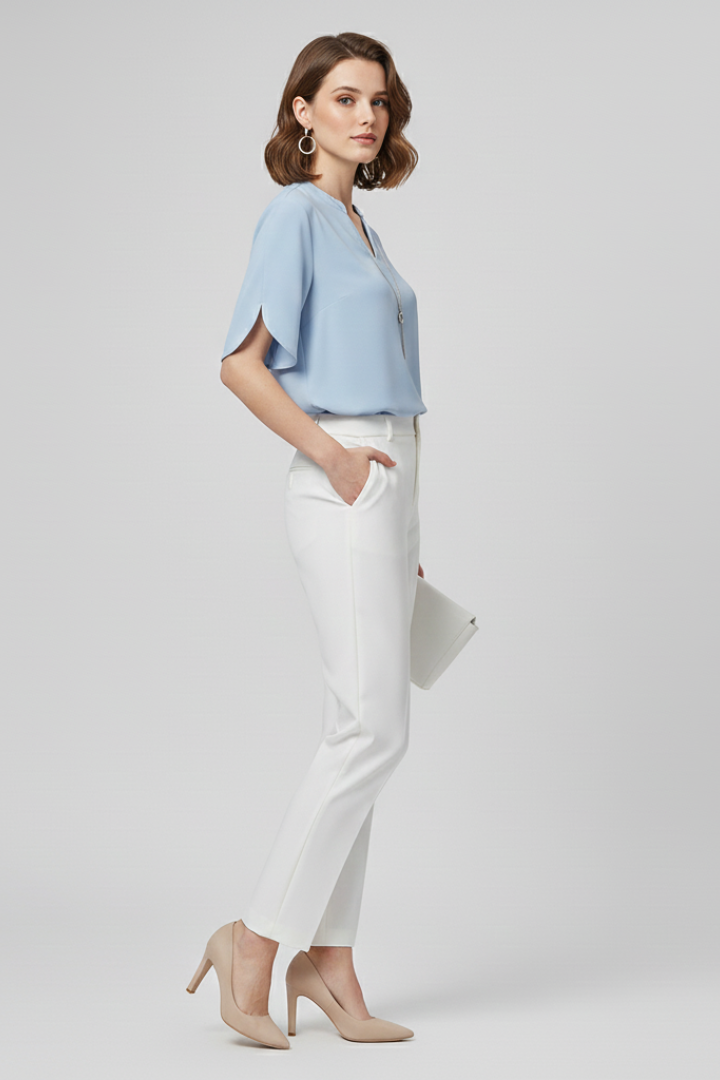 Leni | Women’s Woven Blouse – V-Neck Short Sleeve Relaxed Fit Everyday Top