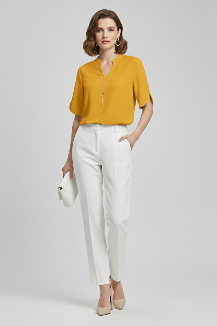 Leni | Women’s Woven Blouse – V-Neck Short Sleeve Relaxed Fit Everyday Top