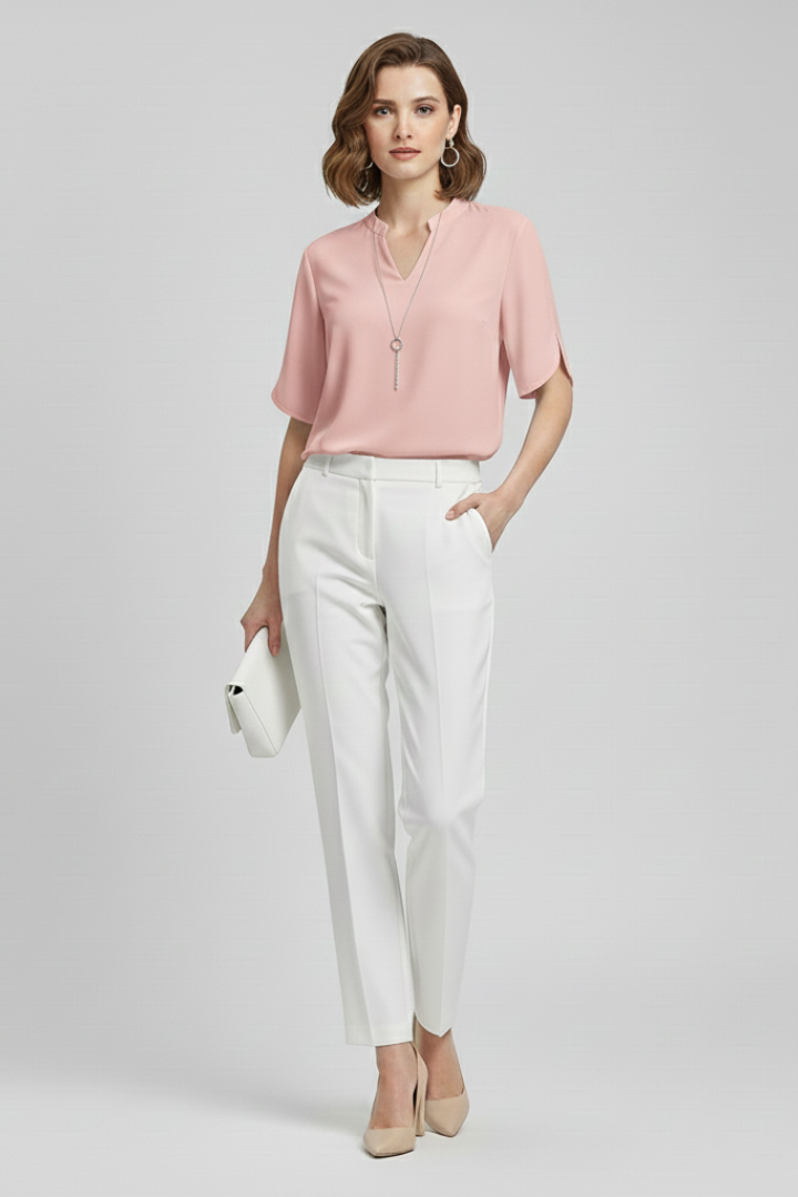 Leni | Women’s Woven Blouse – V-Neck Short Sleeve Relaxed Fit Everyday Top