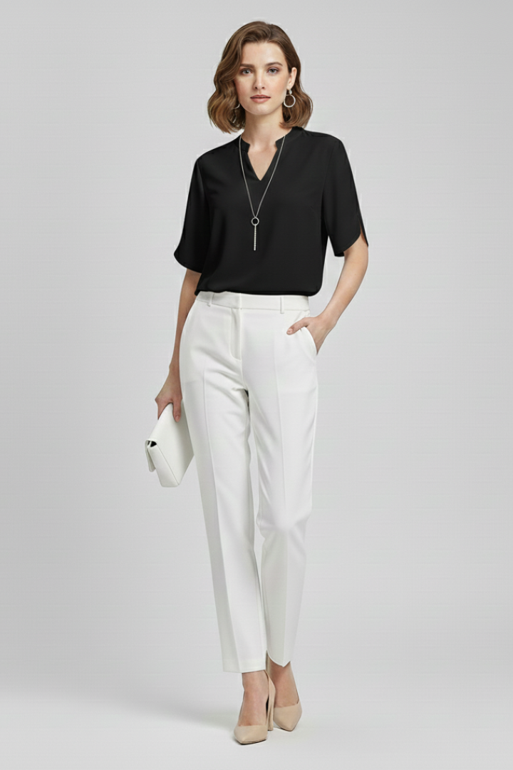 Leni | Women’s Woven Blouse – V-Neck Short Sleeve Relaxed Fit Everyday Top