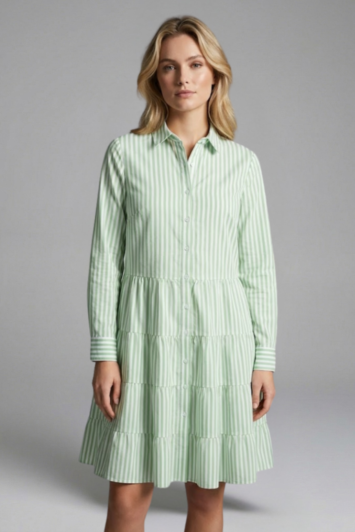 Leona | Women's Casual Shirt Dress – Striped Button Up Long Sleeve Mini Dress