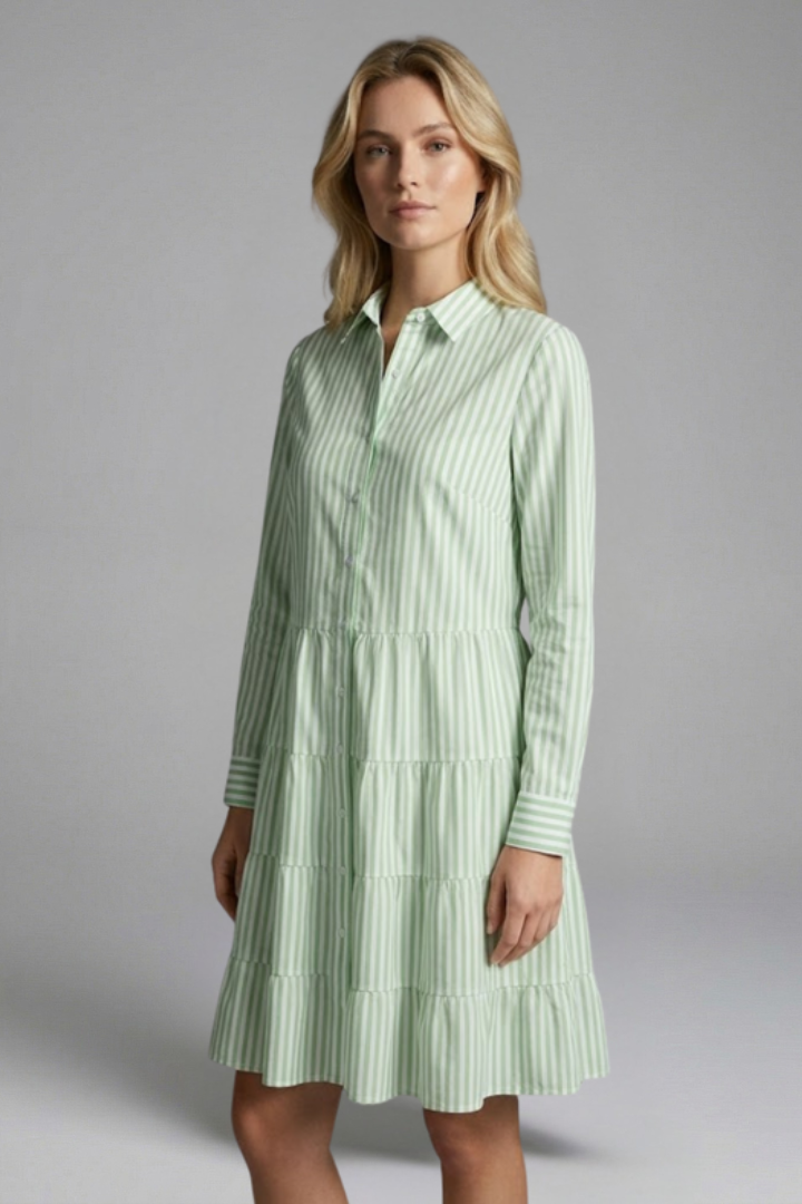 Leona | Women's Casual Shirt Dress – Striped Button Up Long Sleeve Mini Dress