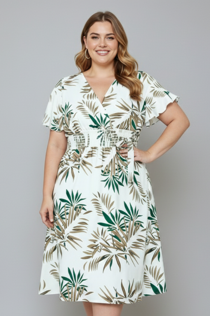 Leva | Plus Size Women Wrap Dress – V-Neck Flutter Sleeve Botanical Print, Smocked Waist