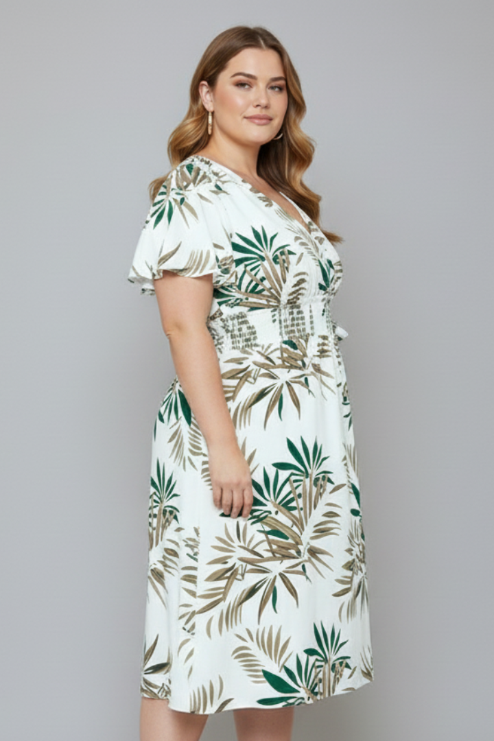 Leva | Plus Size Women Wrap Dress – V-Neck Flutter Sleeve Botanical Print, Smocked Waist