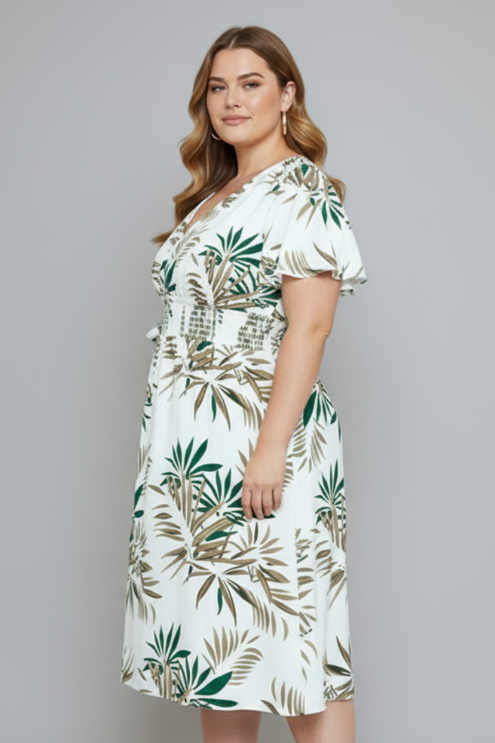 Leva | Plus Size Women Wrap Dress – V-Neck Flutter Sleeve Botanical Print, Smocked Waist