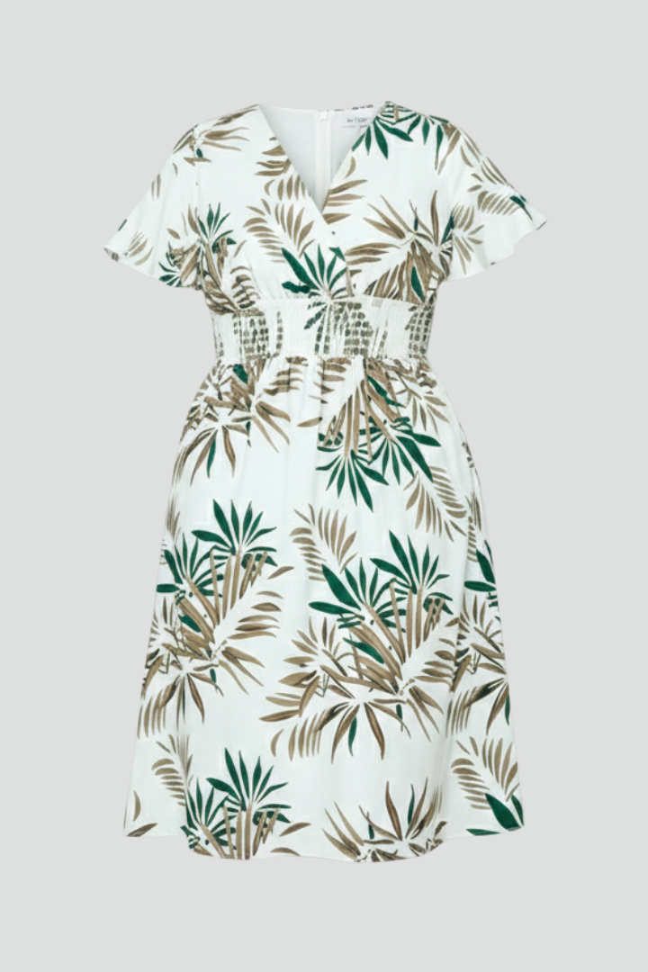 Leva | Plus Size Women Wrap Dress – V-Neck Flutter Sleeve Botanical Print, Smocked Waist